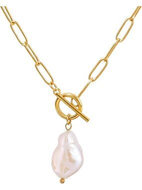 Elegant Baroque Pearl & Gemstone Toggle Paperclip Pendant Necklace - 18K Gold